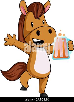 Pferd mit Bier, Illustration, Vektor auf weißem Hintergrund. Stock Vektor
