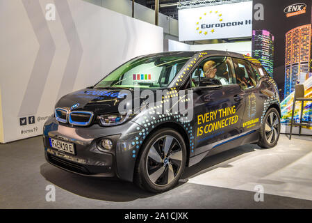 FRANKFURT, Deutschland - September 2019: silber schwarz BMW I3 Electric, Iaa Auto Ausstellung. Stockfoto