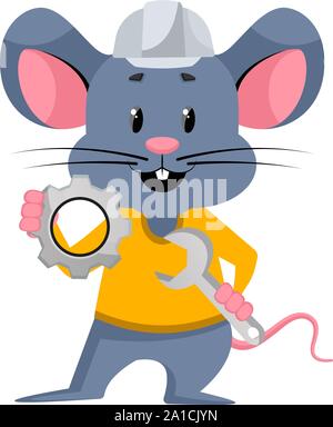 Maus mit Schraubenschlüssel, Illustration, Vektor auf weißem Hintergrund. Stock Vektor