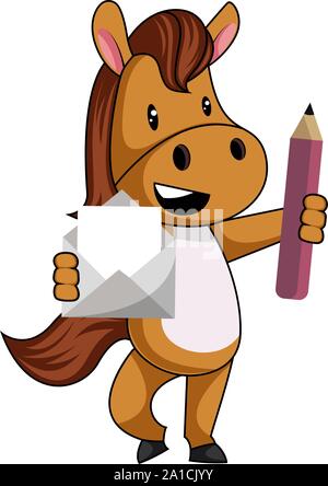 Pferd mit Stift und Papier, Illustration, Vektor auf weißem Hintergrund. Stock Vektor