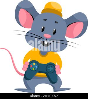 Maus mit Gamepad, Illustration, Vektor auf weißem Hintergrund. Stock Vektor