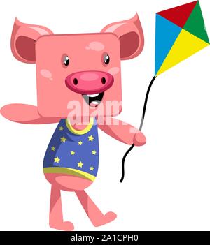Schwein mit fliegenden Drachen, Illustration, Vektor auf weißem Hintergrund. Stock Vektor