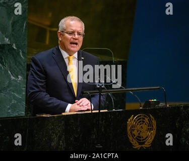 New York, USA. 25 Sep, 2019. Der australische Premierminister Scott Morrison Adressen der Generalversammlung der Vereinten Nationen. Credit: Enrique Ufer/Alamy leben Nachrichten Stockfoto