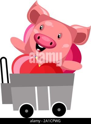 Schwein im Warenkorb, Illustration, Vektor auf weißem Hintergrund. Stock Vektor