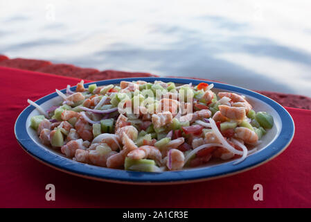 Garnelen ceviche im 'La Alberca Restaurant' mit tollen Blick auf die Lagune an der kleinen Insel - Dorf Mexcaltitán, Nayarit, Mexiko, May 2019 Stockfoto