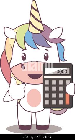 Einhorn mit Taschenrechner, Illustration, Vektor auf weißem Hintergrund. Stock Vektor