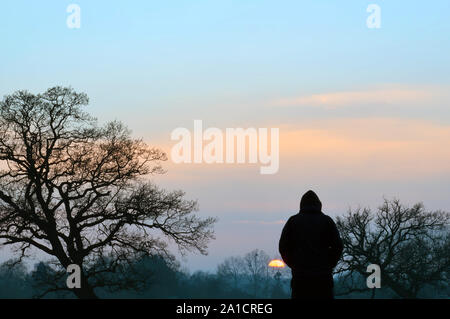 Die Silhouette eines Hooded stehenden Figur in einem Feld, den Sonnenuntergang auf einem Winter am Nachmittag. Stockfoto