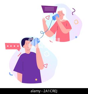 Zwei Zeichen kommunizieren mit Zinn Telefon string und Können. Stock Vektor