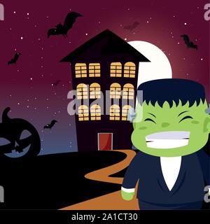 Junge verkleidet von Frankenstein in Szene von Halloween Vector Illustration Design Stock Vektor