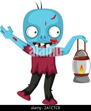 Zombie mit Taschenlampe, Illustration, Vektor auf weißem Hintergrund. Stock Vektor