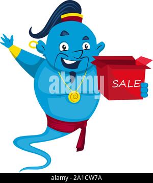 Genie mit Verkauf, Illustration, Vektor auf weißem Hintergrund. Stock Vektor