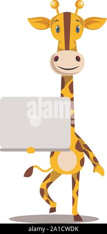 Giraffe holding Laptop, Illustration, Vektor auf weißem Hintergrund. Stock Vektor