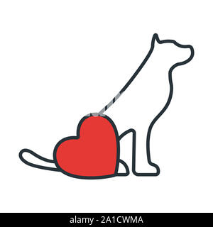 Hund mit Herz Symbol. Konzept für das Gesundheitswesen Medizin und Pet Care. Umrisse und Schwarz Haustier. Haustiere Symbol, Symbol und Abzeichen. Einfachen Vektor illus Stockfoto