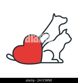 Hund und Katze mit Herz Symbol. Konzept für das Gesundheitswesen Medizin und Pet Care. Umrisse und Schwarz Haustier. Haustiere Symbol, Symbol und Abzeichen. Einfache Vect Stockfoto