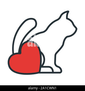 Katze mit Herz Symbol. Konzept für das Gesundheitswesen Medizin und Pet Care. Umrisse und Schwarz Haustier. Haustiere Symbol, Symbol und Abzeichen. Einfachen Vektor illus Stockfoto