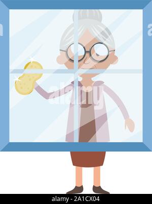 Granny Fensterreinigung, Illustration, Vektor auf weißem Hintergrund. Stock Vektor