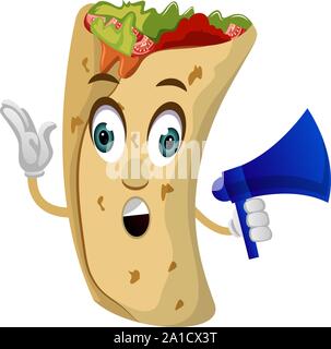 Burrito mit Megaphon, Illustration, Vektor auf weißem Hintergrund. Stock Vektor