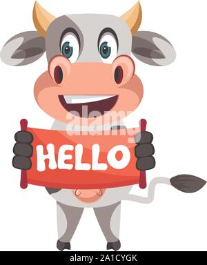 Kuh mit hallo Zeichen, Illustration, Vektor auf weißem Hintergrund. Stock Vektor