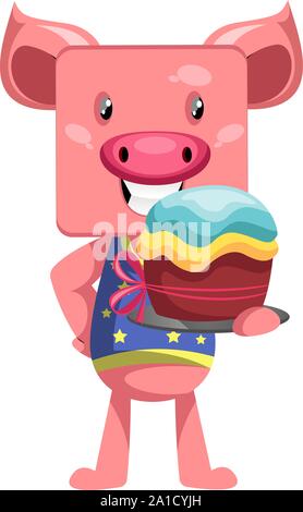 Schwein mit Kuchen, Illustration, Vektor auf weißem Hintergrund. Stock Vektor