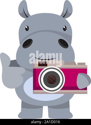 Hippo mit Kamera, Illustration, Vektor auf weißem Hintergrund. Stock Vektor