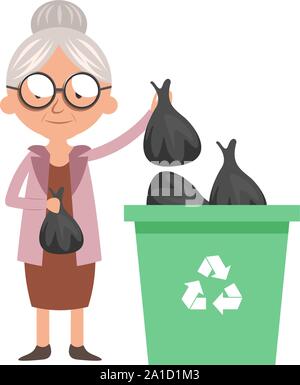 Oma werfen Müll, Illustration, Vektor auf weißem Hintergrund. Stock Vektor