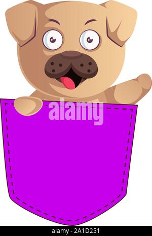 Mops in der Tasche, Illustration, Vektor auf weißem Hintergrund. Stock Vektor