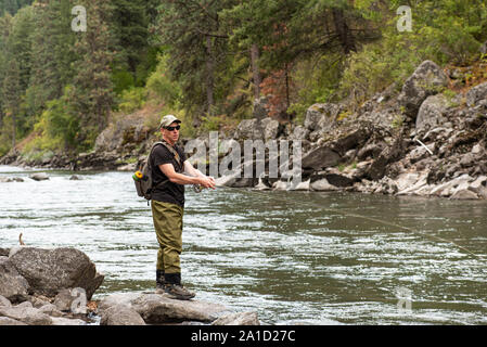 Fischer Casting im Gebirgsbach Fliegen. Stockfoto