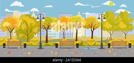 Cartoon Herbst park Panorama mit Laufsteg, Sitzbank und Fächer. Herbst Straße gelb Pfad Panoramablick auf die Landschaft. Vector Illustration. Stock Vektor