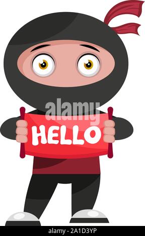 Ninja Hallo, Illustration, Vektor auf weißem Hintergrund. Stock Vektor