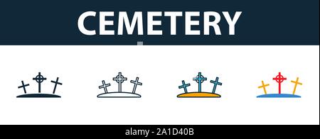 Friedhof Icon Set. Premium Symbol in verschiedenen Stilen von Halloween icons Collection. Kreative Friedhof Symbol, Outline, farbige und flach Stock Vektor