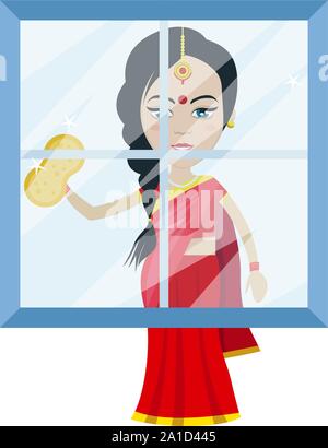 Indische Frau, Fensterreinigung, Illustration, Vektor auf weißem Hintergrund. Stock Vektor
