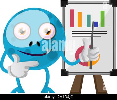 Blaue Monster mit analytics Tabelle, Illustration, Vektor auf weißem Hintergrund. Stock Vektor