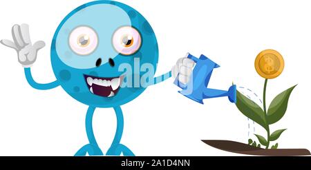 Blaue monster Bewässerung von Pflanzen, Illustration, Vektor auf weißem Hintergrund. Stock Vektor