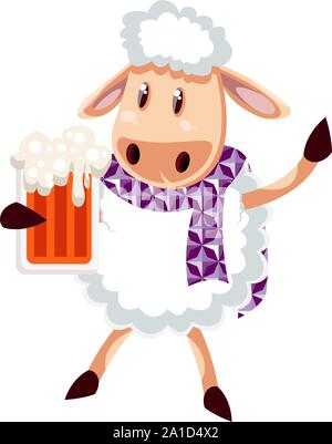 Schaf mit Bier, Illustration, Vektor auf weißem Hintergrund. Stock Vektor