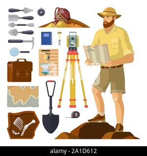 Archäologen in der Nähe von Archäologie reihen. Paläontologie Stock Vektor