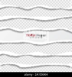 Realistische zerrissenes Papier Kanten Sammlung auf transparentem Hintergrund. Weiß gerippt Papierstreifen. Vector Illustration. Stock Vektor