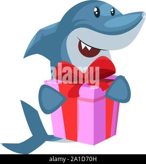Hai mit Geburtstagsgeschenk, Illustration, Vektor auf weißem Hintergrund. Stock Vektor