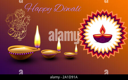 Vorlage. Design, Illustration, der brennenden diya, Lord Ganesha auf Happy Diwali Happy Diwali Diwali Shubh Bedeutung mit schönen Hintergrund Stockfoto