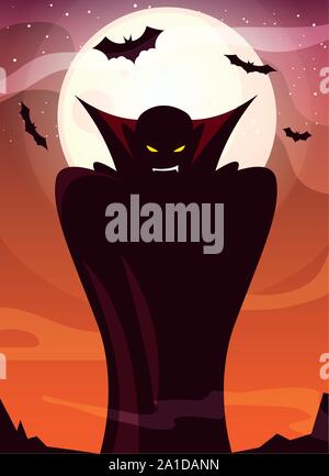 Mann verkleidet der Vampir in Szene von Halloween Vector Illustration Design Stock Vektor