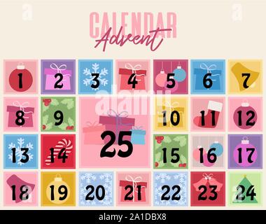 Vector Illustration Weihnachten Adventskalender. Set Weihnachten Elemente Stock Vektor