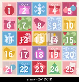 Vector Illustration Weihnachten Adventskalender. Set Weihnachten Elemente Stock Vektor