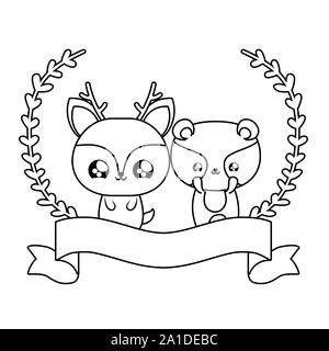 Süße Rentier mit waschbär Baby Tiere kawaii Vector Illustration Design Stock Vektor