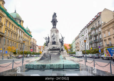 Grunwald Denkmal, ein Reiterstandbild des Königs von Polen am Matejko Platz in der Stadt Krakau, Polen Stockfoto