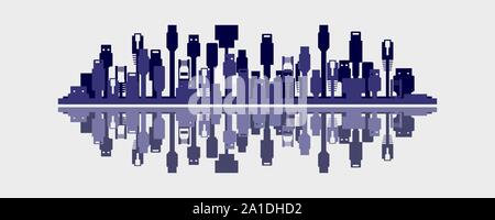 Vernetzte Welt Konzept einer Skyline aus Gerät Kabel im flachen Design Vector Stock Vektor