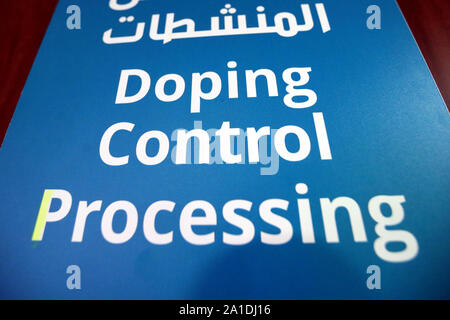 Dopingkontrollen signage vor der 2019 IAAF Leichtathletik WM, die in Doha, Katar stattfindet. Stockfoto