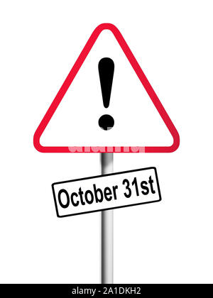 Rote und weiße UK dreieckiges Verkehrsschild mit einem Brexit Gefahr Warnung vor. Konzept. Auf weissem Hintergrund. Stockfoto