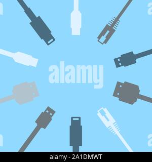 Kreis der zehn Kabel Verbindungen, einschließlich HDMI, USB, Ethernet im flachen Design Vector Stock Vektor