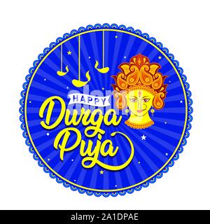 Happy Durga Puja. Indisches Fest der Göttin Durga Maa Banner, Logo, Aufkleber, Gruß, Icon, Poster, Einheit, Label, Mnemonic auf blauem Hintergrund Stock Vektor
