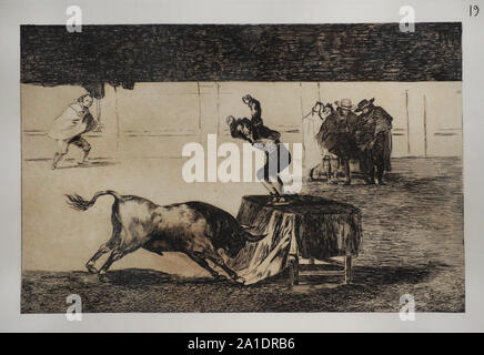 Francisco de Goya y Lucientes (1746-1828). Spanischer Maler. La Tauromaquia (Stierkampf). Ein weiterer Wahnsinn seines im gleichen Quadrat (Otra locura suya en la misma Plaza). Der Protagonist ist Martincho. Nummer 19. Radierung. San Fernando Königliche Akademie der Schönen Künste in Madrid. Spanien. Stockfoto