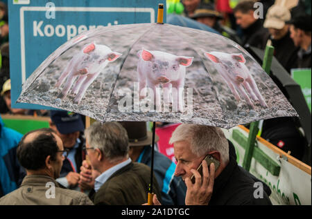 Mainz, Deutschland. 26 Sep, 2019. Ein Teilnehmer besitzt einen Regenschirm mit ein Ferkel Motiv auf einer Kundgebung. Anlässlich der Konferenz der Agrarminister (AMK) in Mainz-Finthen, der Deutsche Bauernverband wird eine Rallye halten zusammen mit den Verbänden der anderen regionalen Bauern. Credit: Andreas Arnold/dpa/Alamy leben Nachrichten Stockfoto